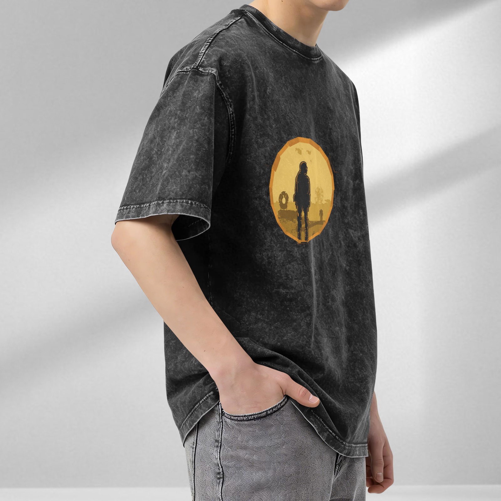 Washed Black Graphic T-Shirt with Lone Figure Silhouette Design