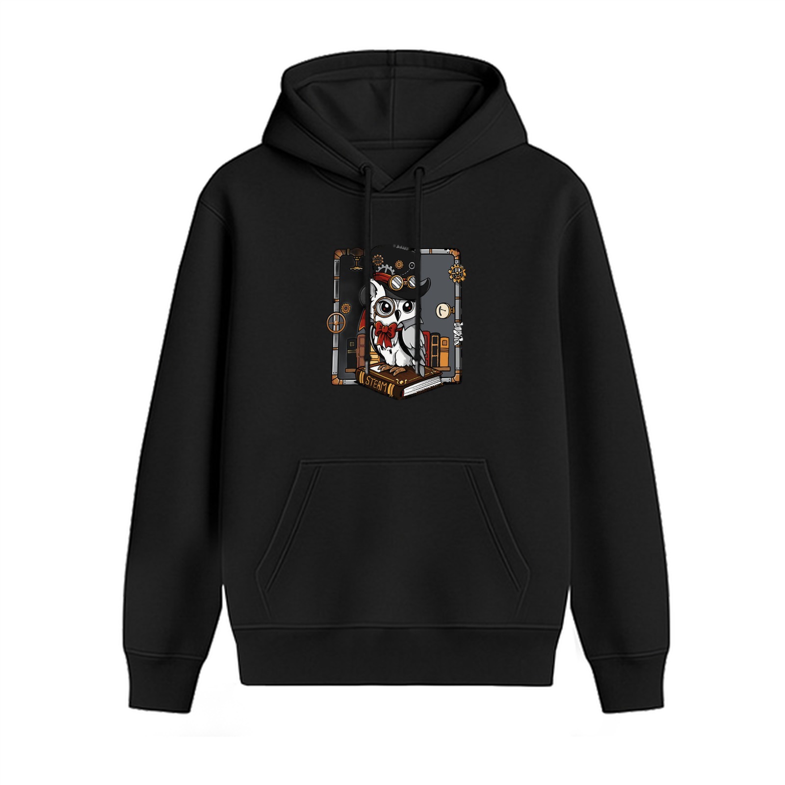 Black Hoodie With Steampunk Owl On Book Graphic Print