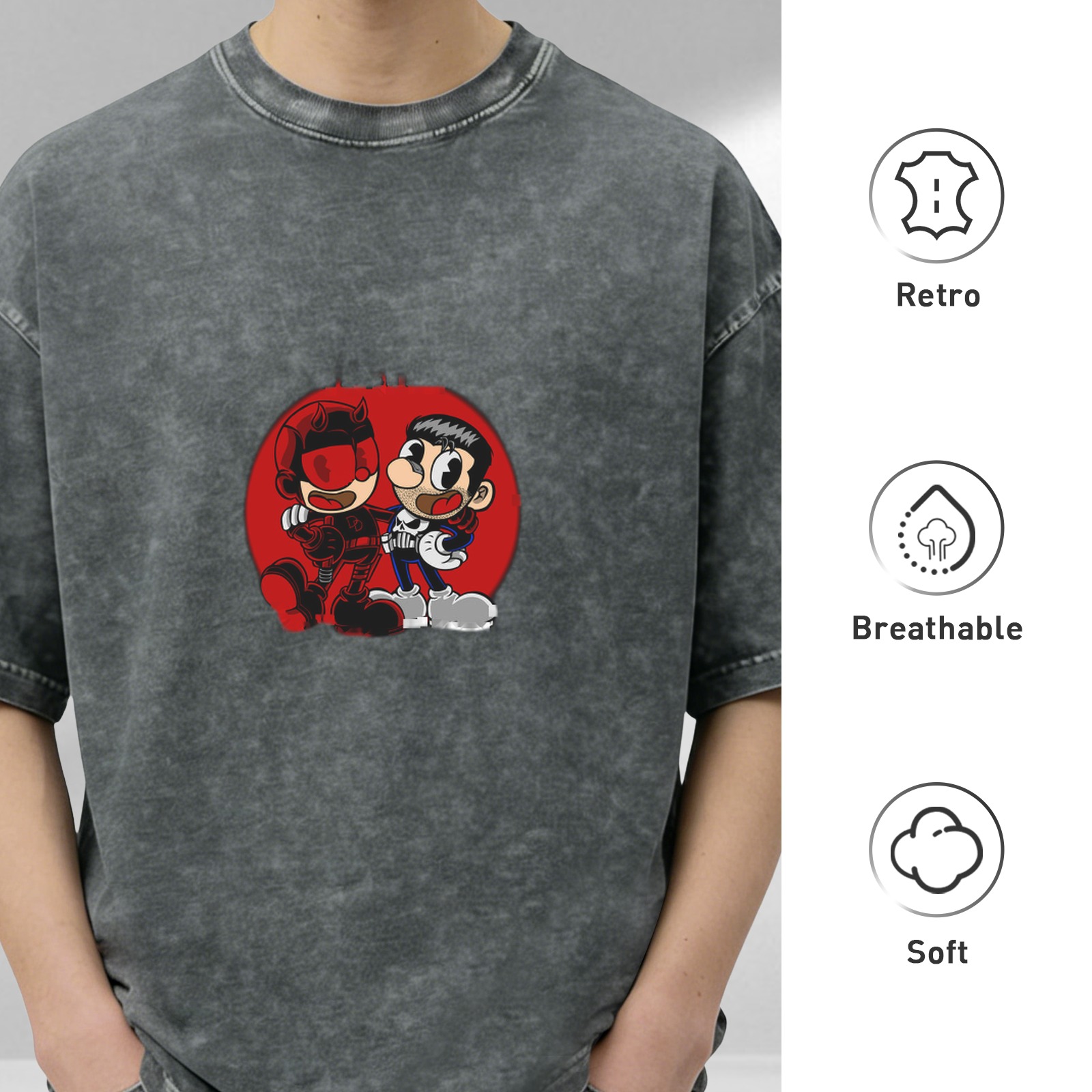 Oversized Washed T-Shirt with Retro Cartoon Superhero Print