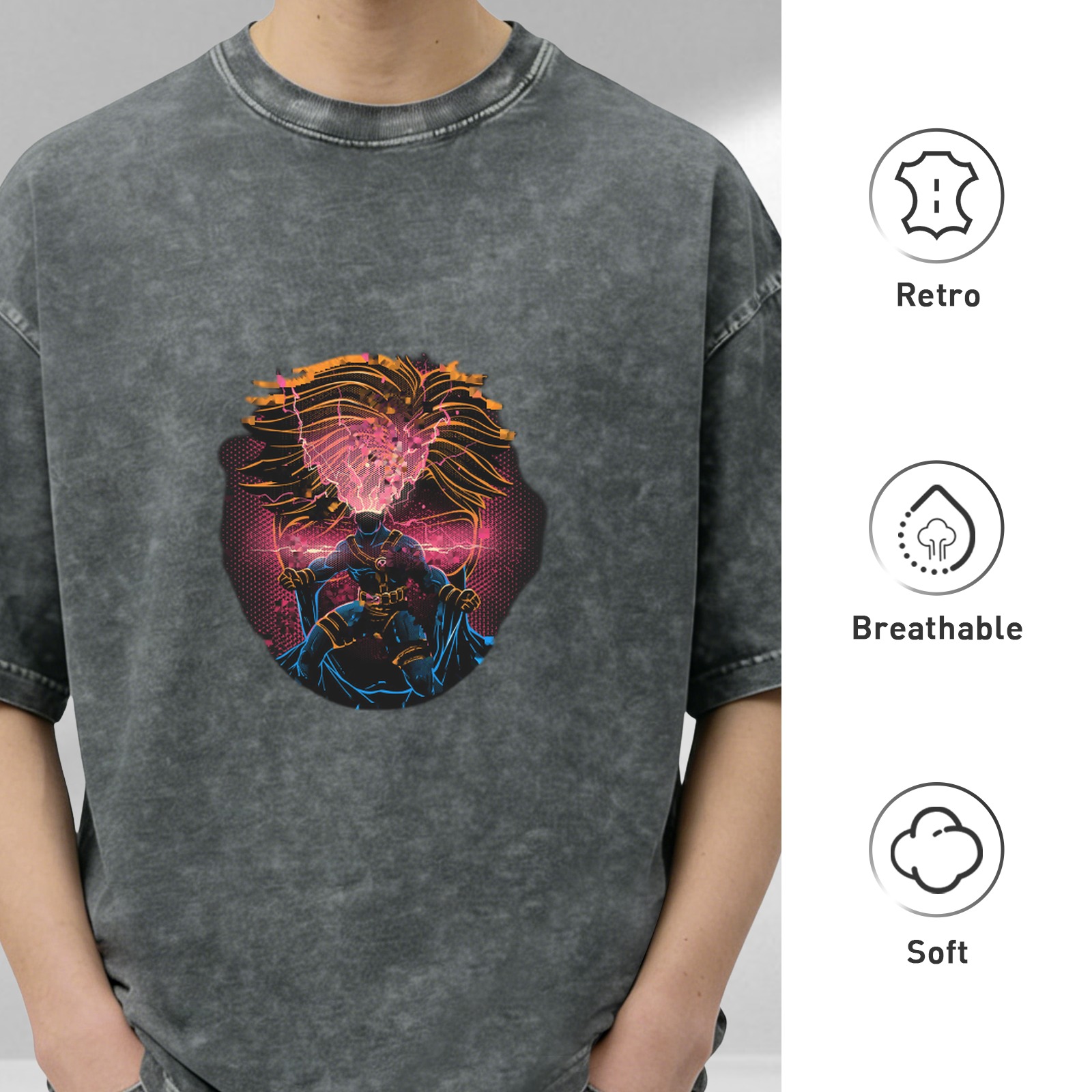 Oversized Acid Wash T-Shirt with Neon Superhero Graphic