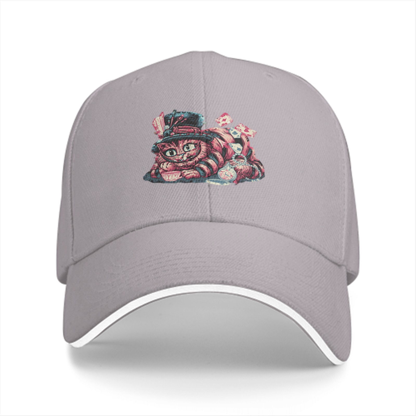 Black Baseball Cap with Whimsical Wonderland Cat Art Print