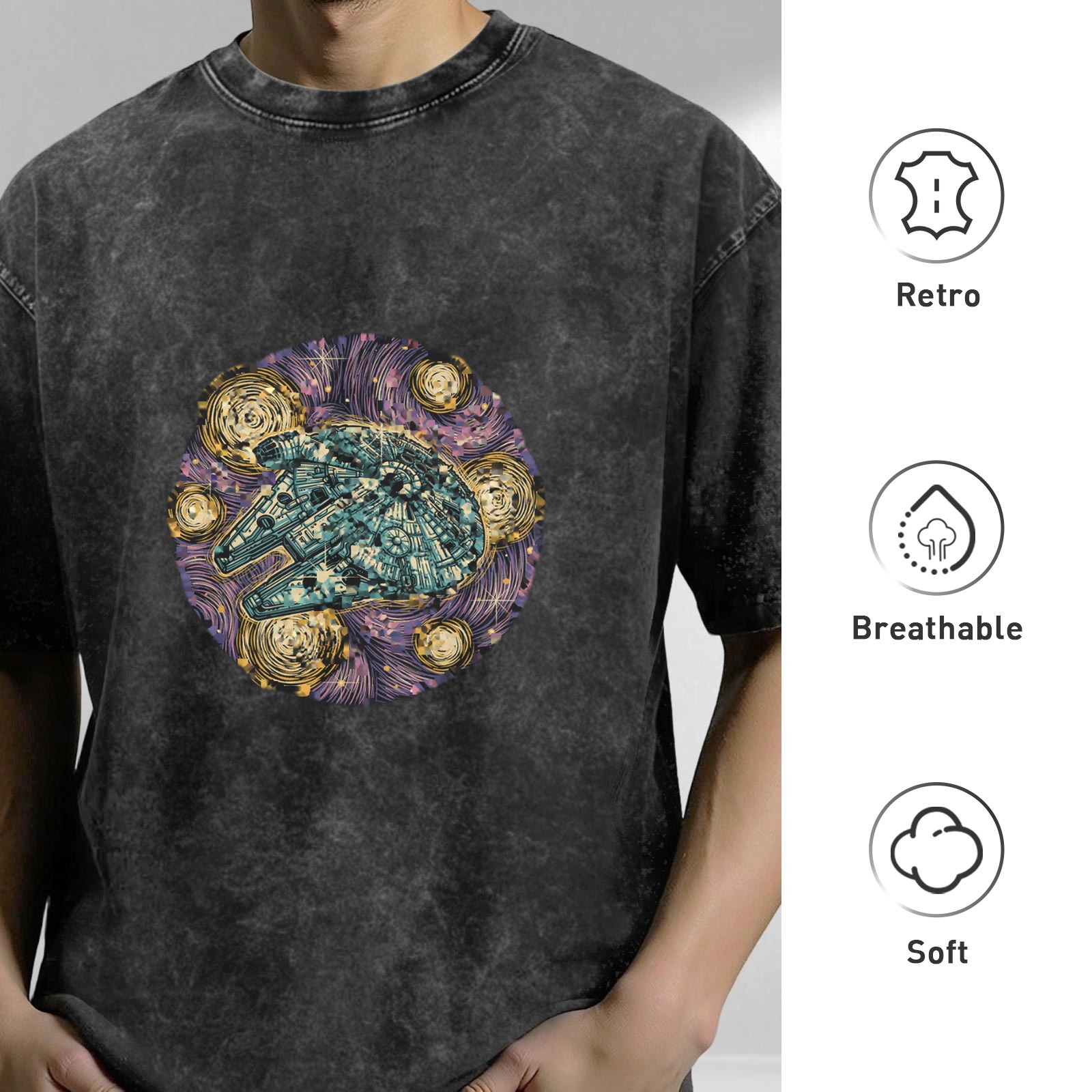 Washed Graphic T-Shirt With Starry Space Ship Art