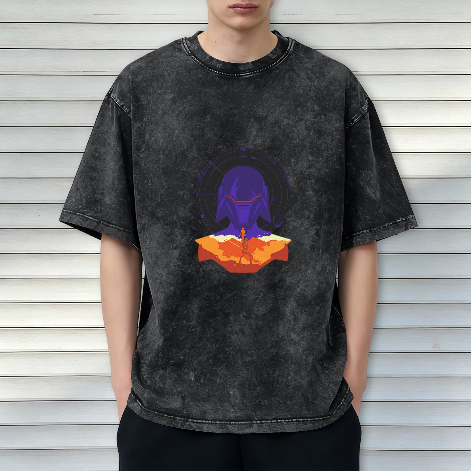 Oversized Acid Wash T-Shirt with Sci-Fi Warrior Helmet Graphic