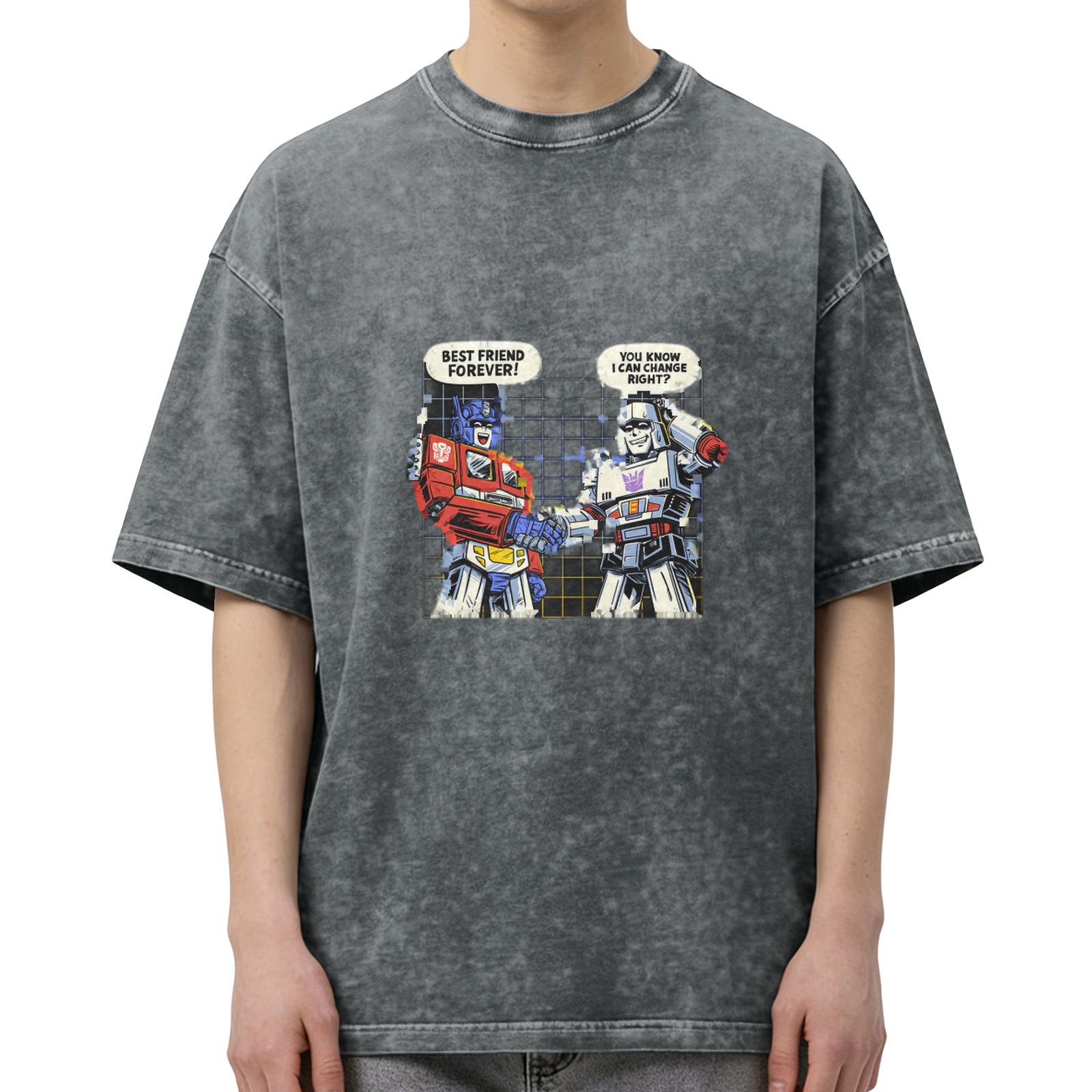 Washed graphic tee with Transformers best friends forever joke print