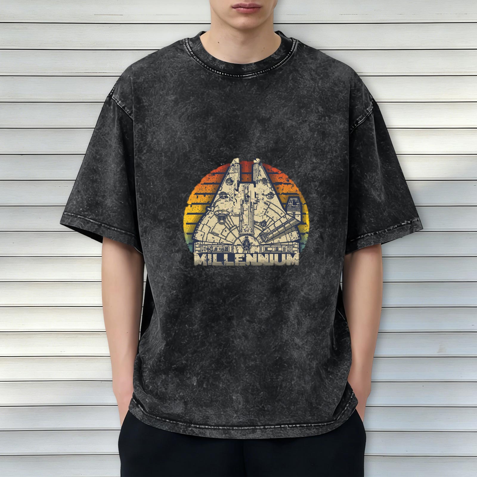 Washed Black T-Shirt with Millennium Falcon Retro Sunset Graphic