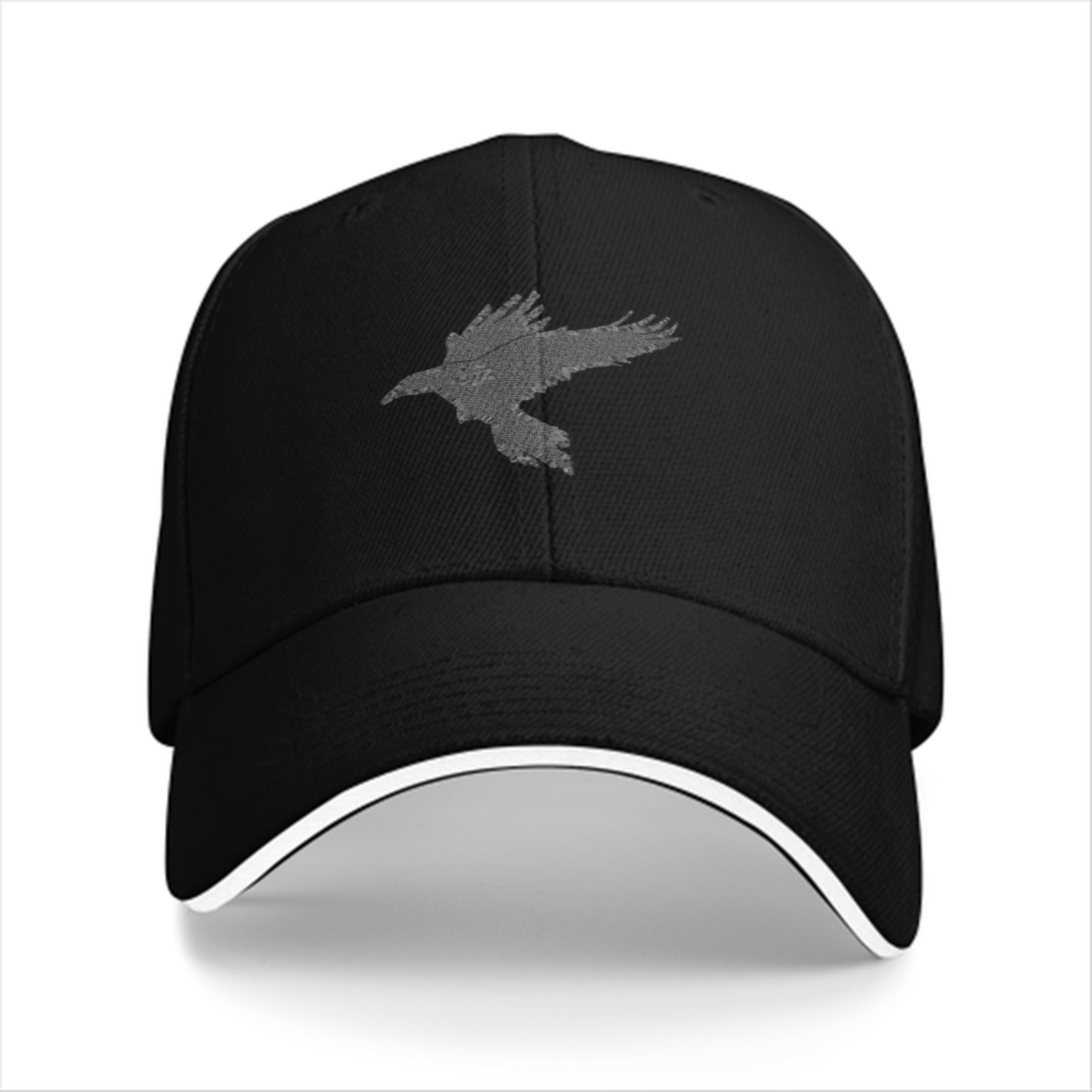 Black Baseball Cap With Grey Flying Raven Silhouette Design