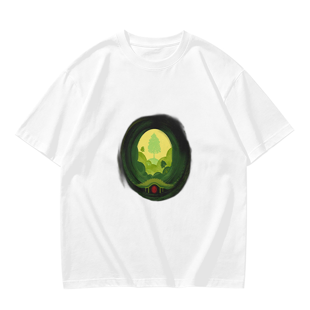 Olive Green T-Shirt with Hobbit Hole Landscape Art Print