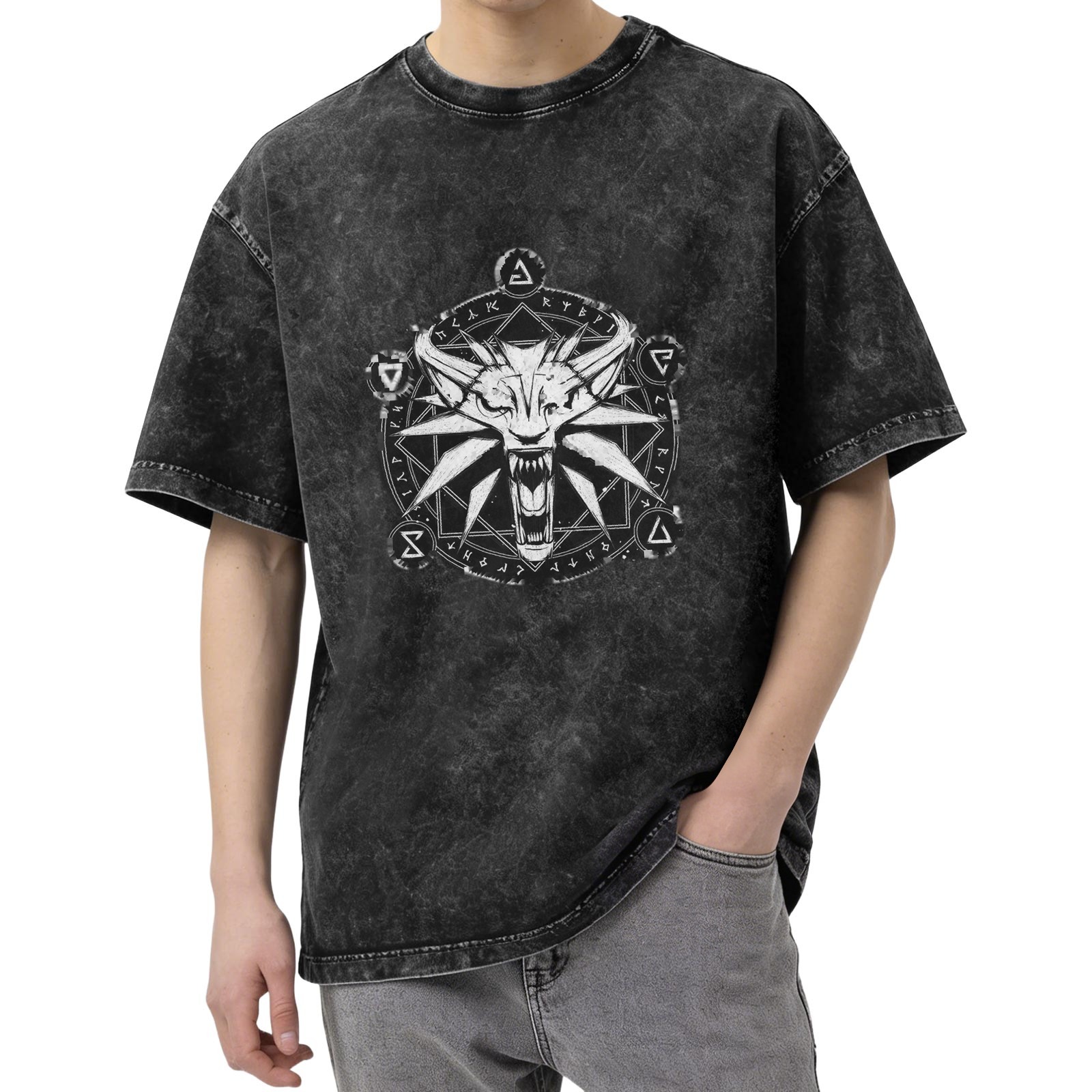 The Witcher Wolf Medallion Acid Wash Oversized T-Shirt