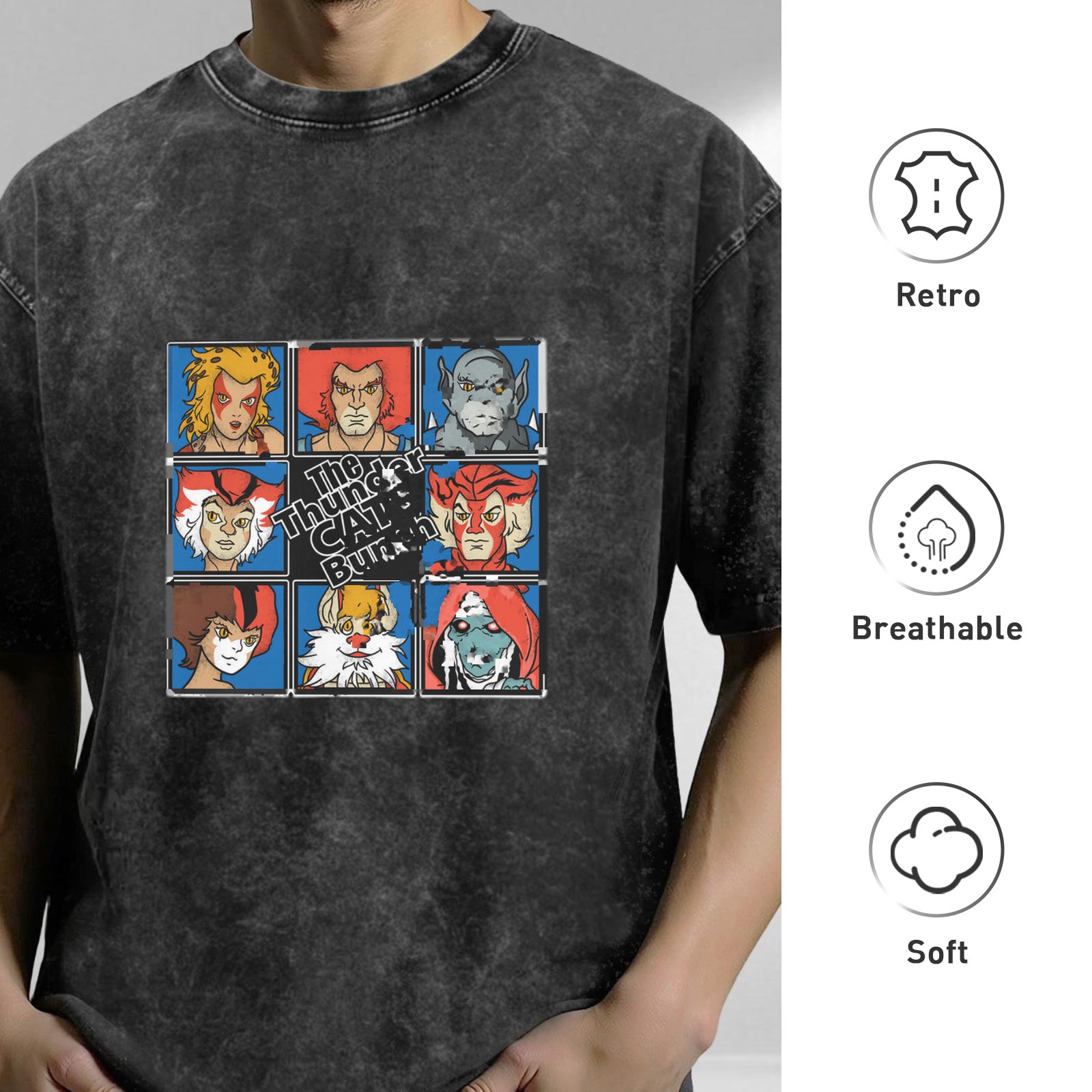 Vintage Acid Wash T-Shirt with Thundercats Bunch Character Grid Graphic