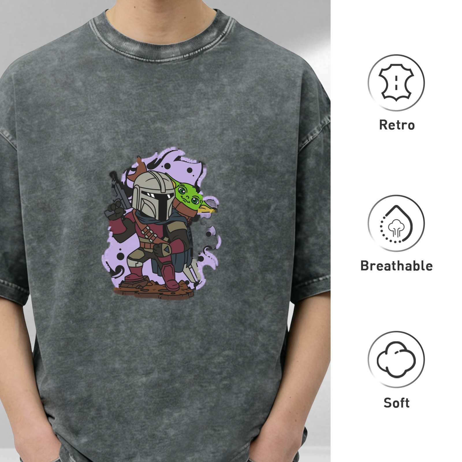 Washed Black T-Shirt with Mandalorian and Child Graphic