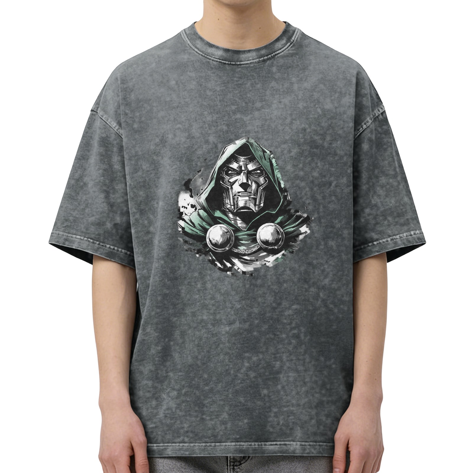 oversized acid wash t-shirt with doctor doom graphic print
