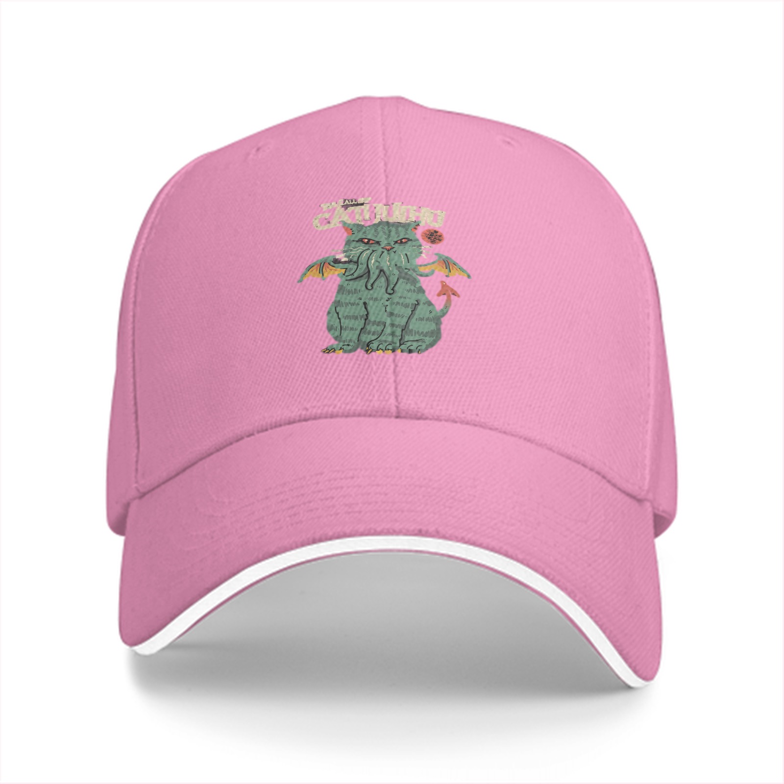 Black Baseball Cap With Cthulhu Cat Graphic Print