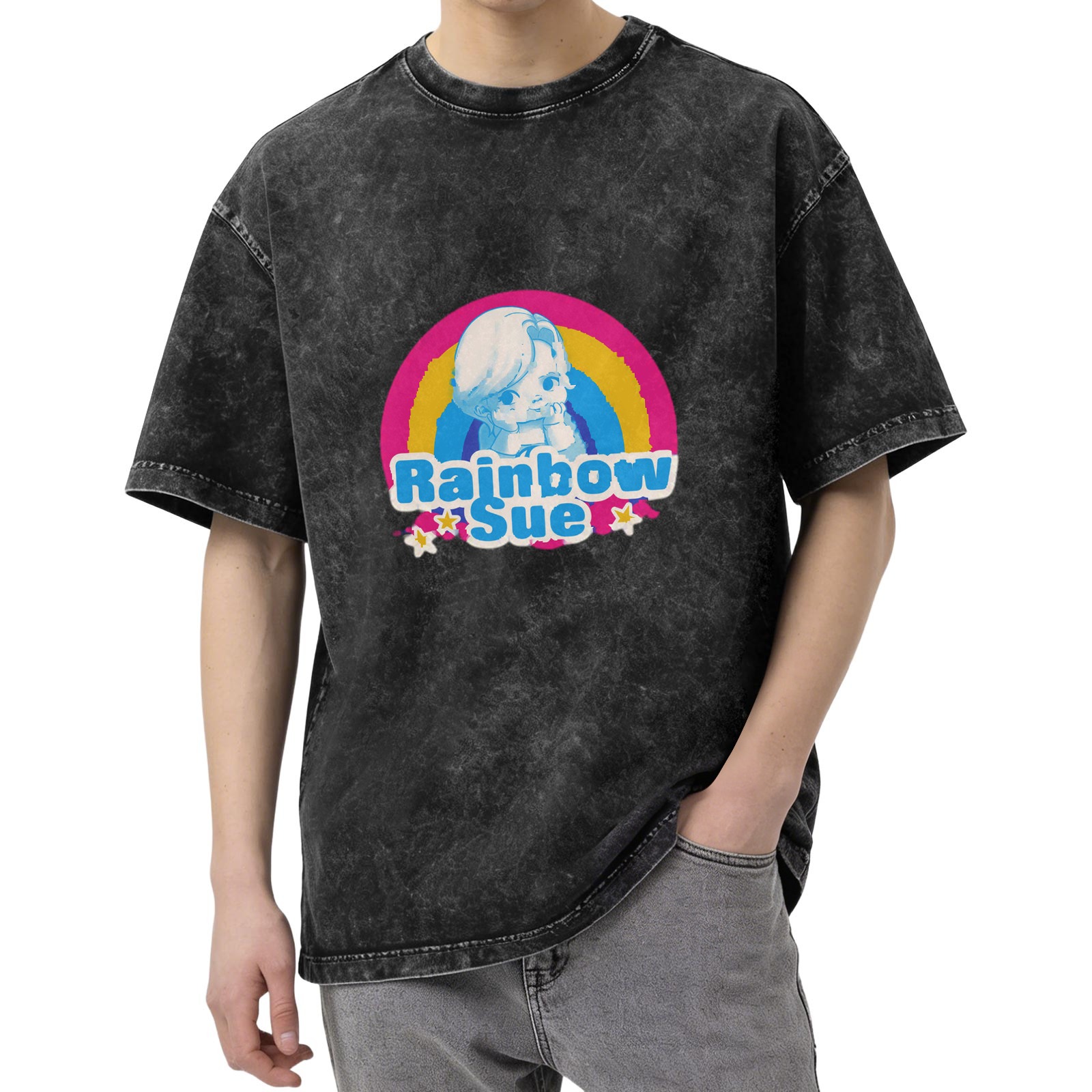 Oversized Dark Wash T-Shirt With Rainbow Sue Graphic Print