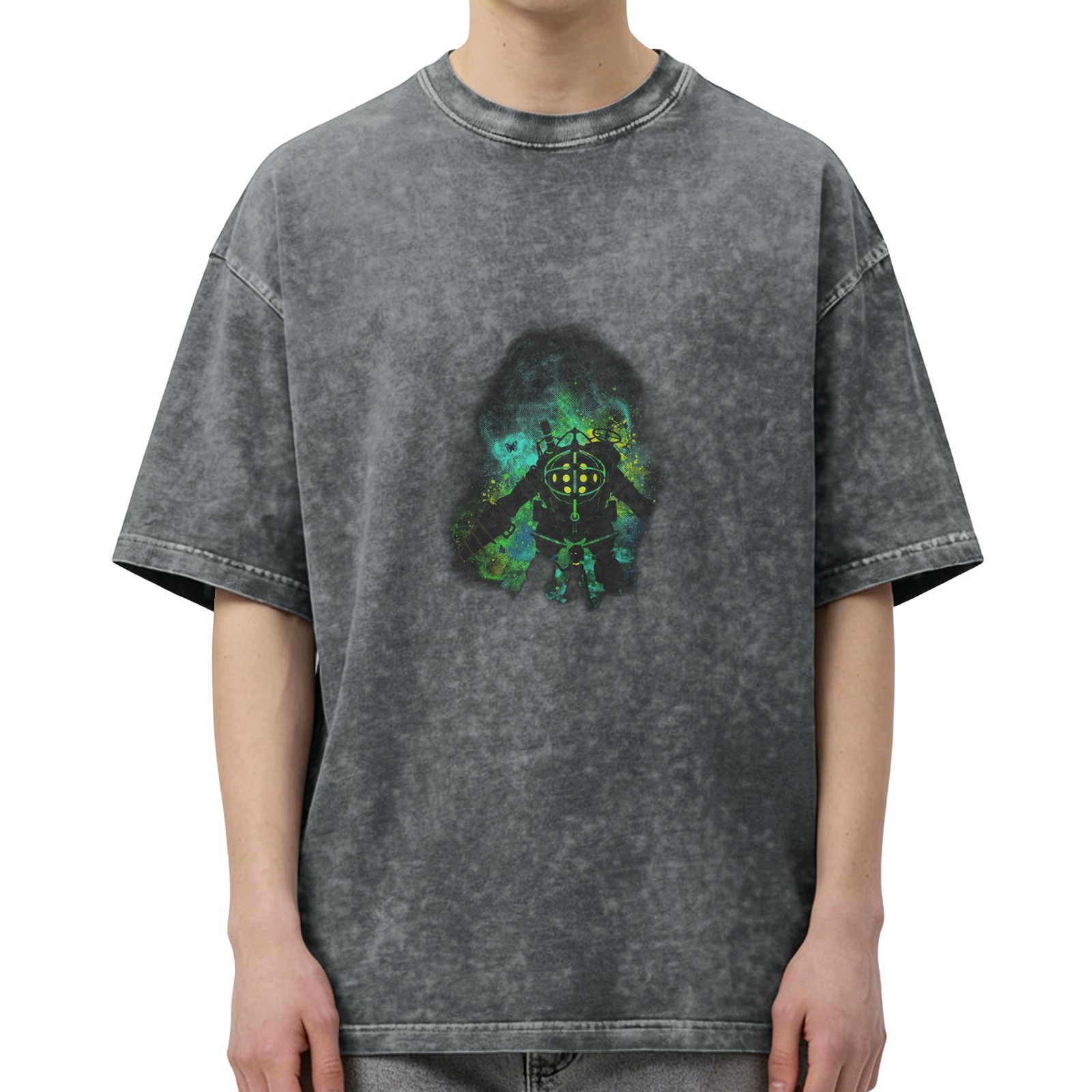 Washed Black Oversized T-Shirt With Glowing Diver Graphic Print