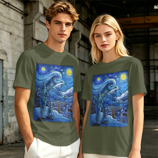 Olive T-Shirt with Starry Night Alien Landscape Art Print