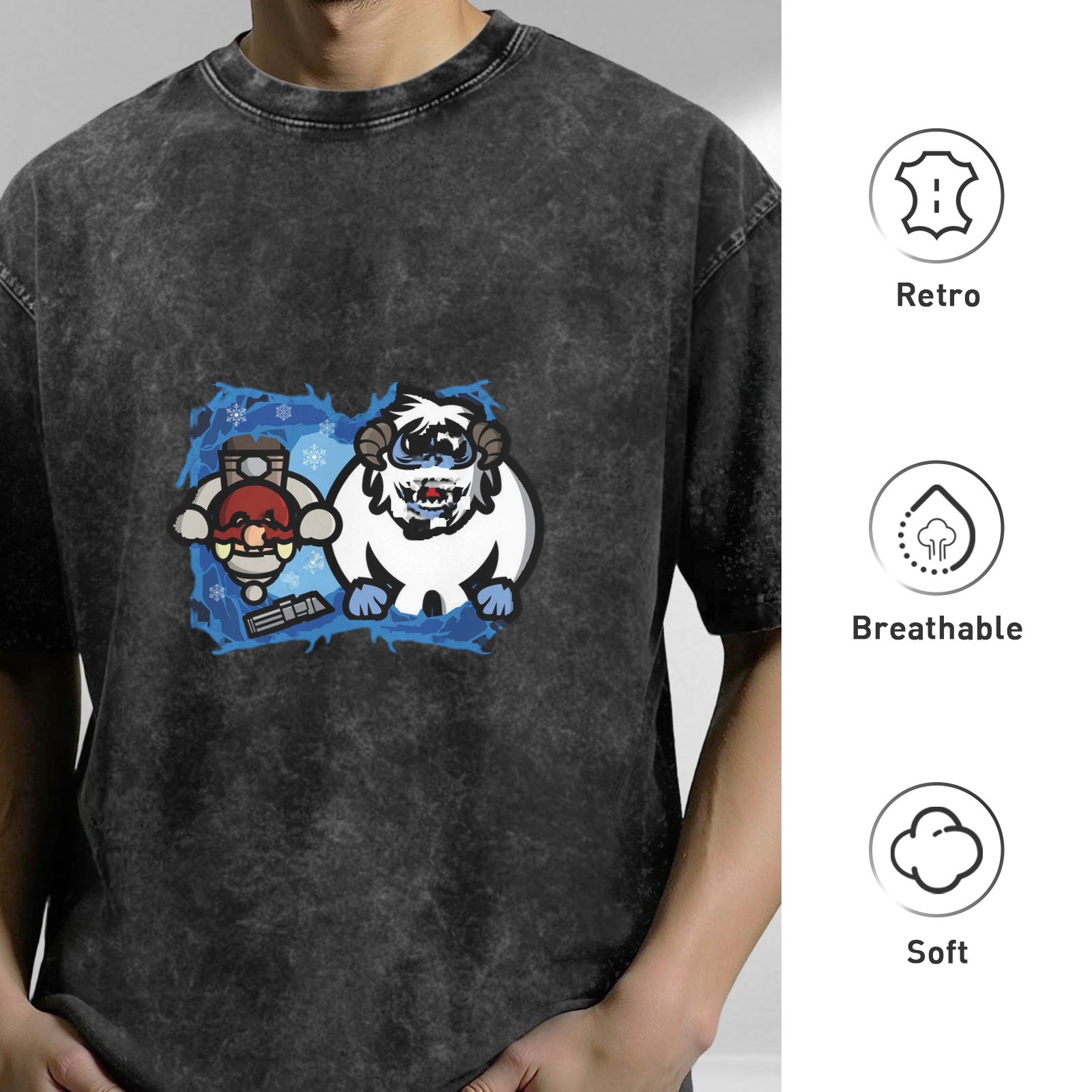 Washed Black T-Shirt with Cartoon Yeti and Winter Character Graphic