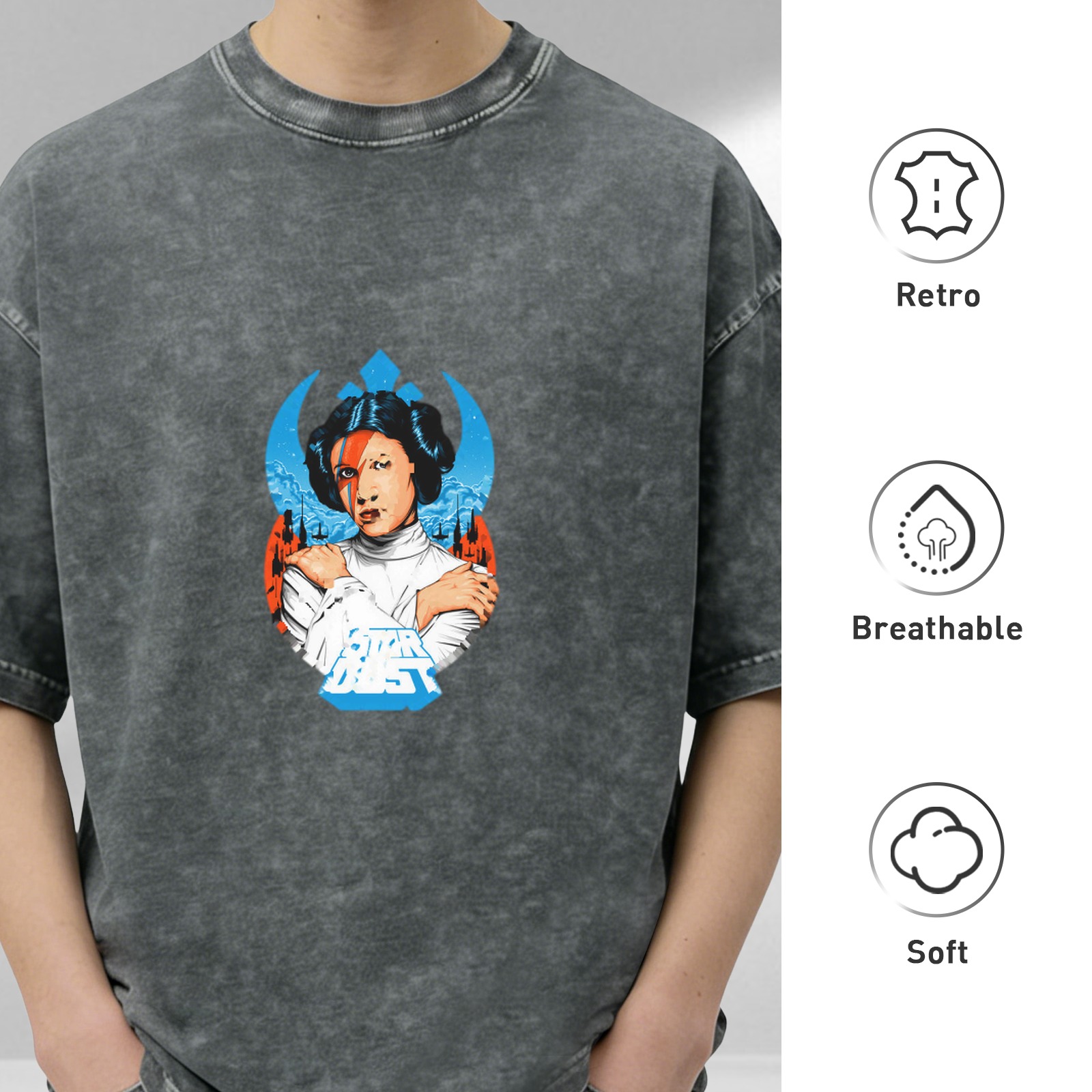Washed Black T-Shirt with Princess Leia David Bowie Mashup Graphic