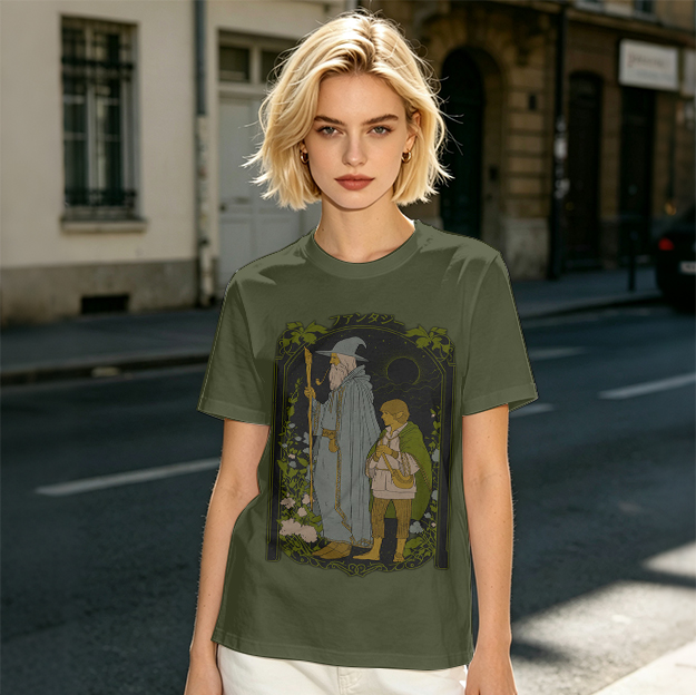Olive T-Shirt with Wizard and Hobbit Fantasy Art Print