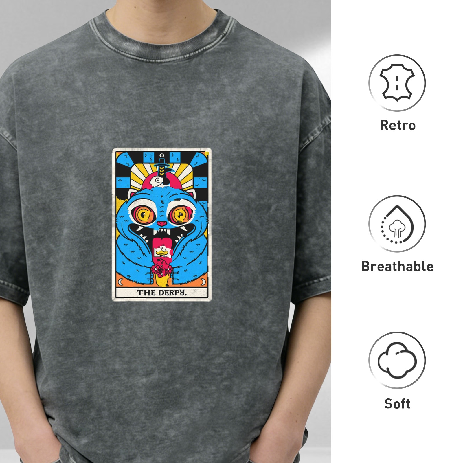 Distressed washed black loose short-sleeved T-shirt Fun tarot card style blue monster print top