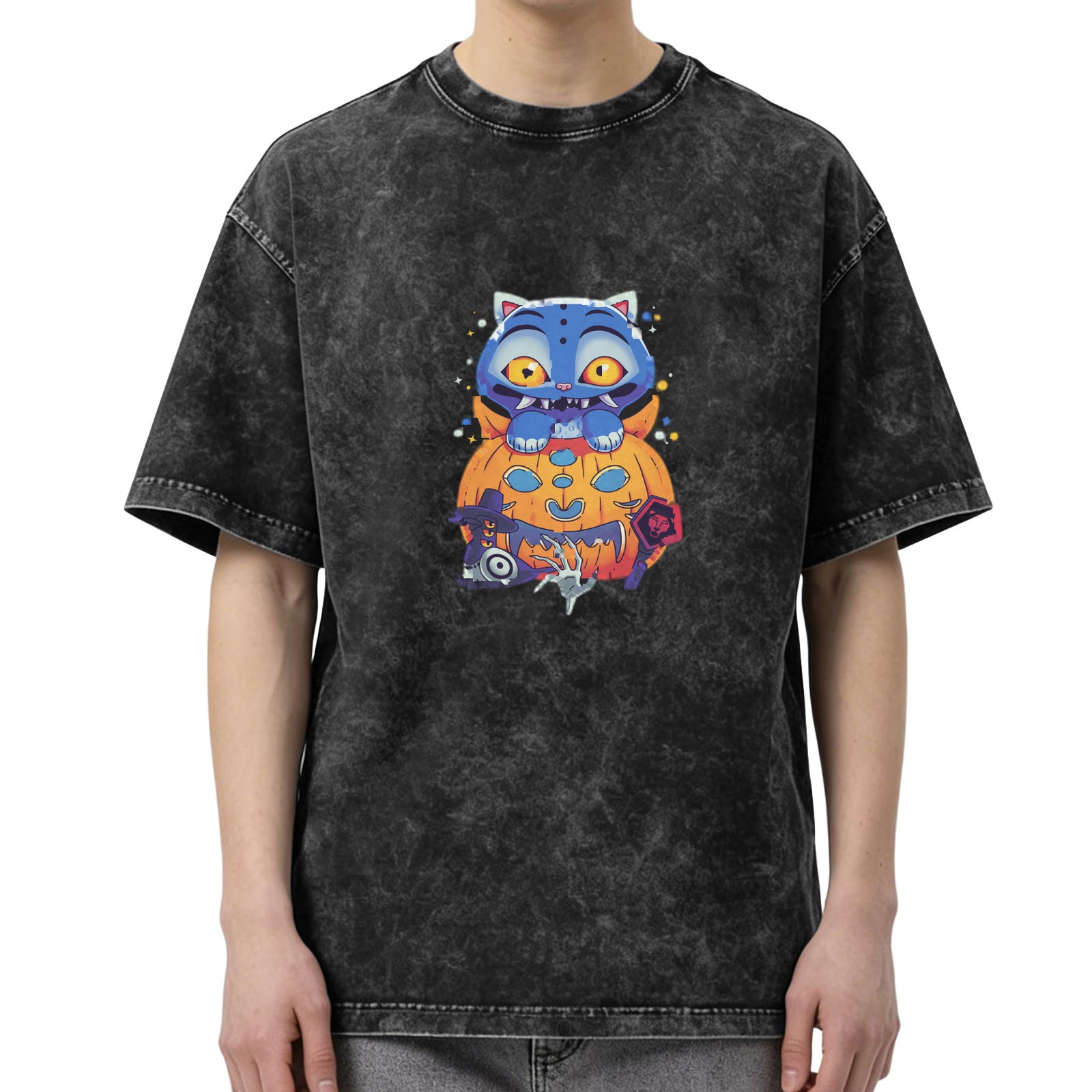 Oversized dark washed graphic t-shirt with spooky Halloween cat and pumpkin