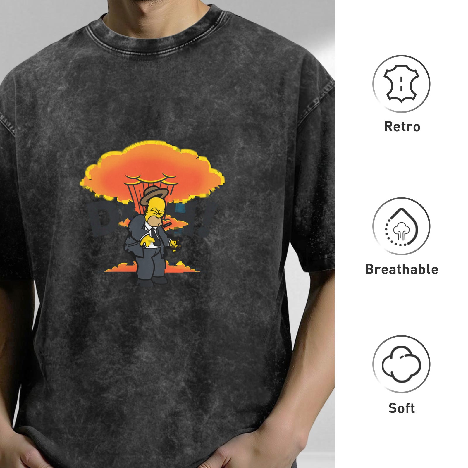 Washed Black T-Shirt with Homer Simpson Nuclear Explosion Graphic