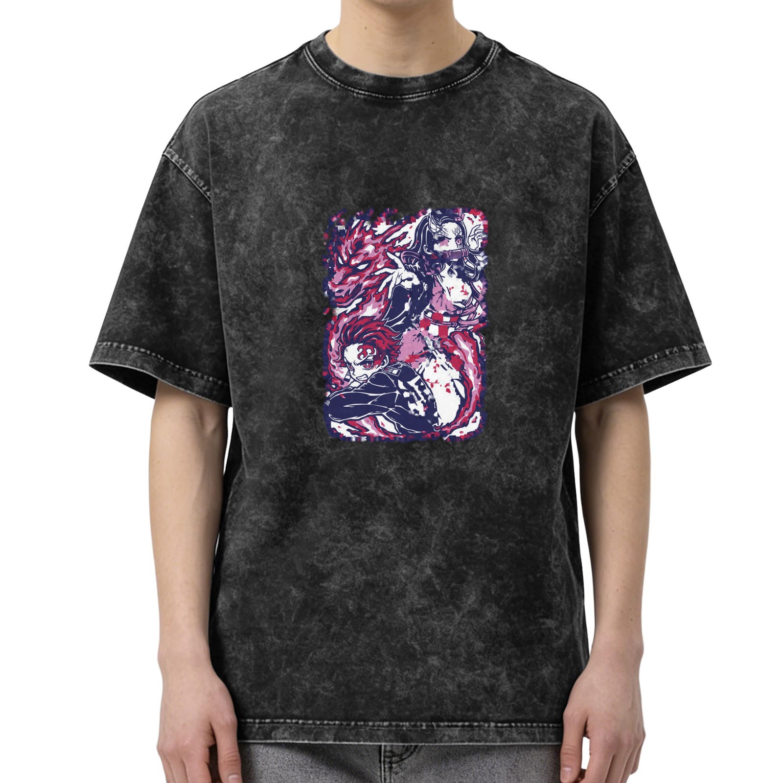Demon Slayer themed distressed washed black loose short-sleeved T-shirt
