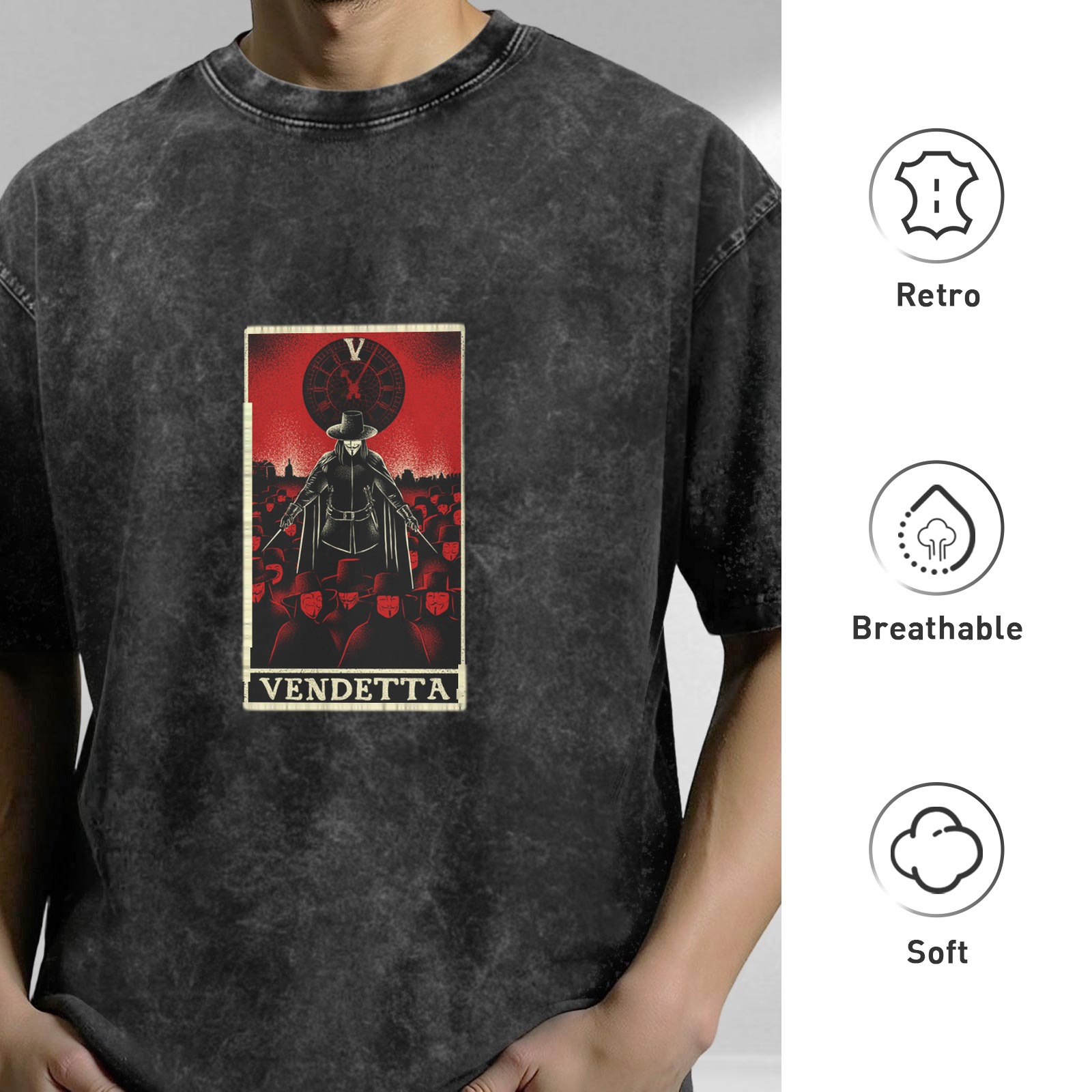 V for Vendetta Tarot Graphic Stone Wash Black T-Shirt