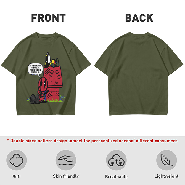 Olive t-shirt with Deadpool and Snoopy mashup graphic