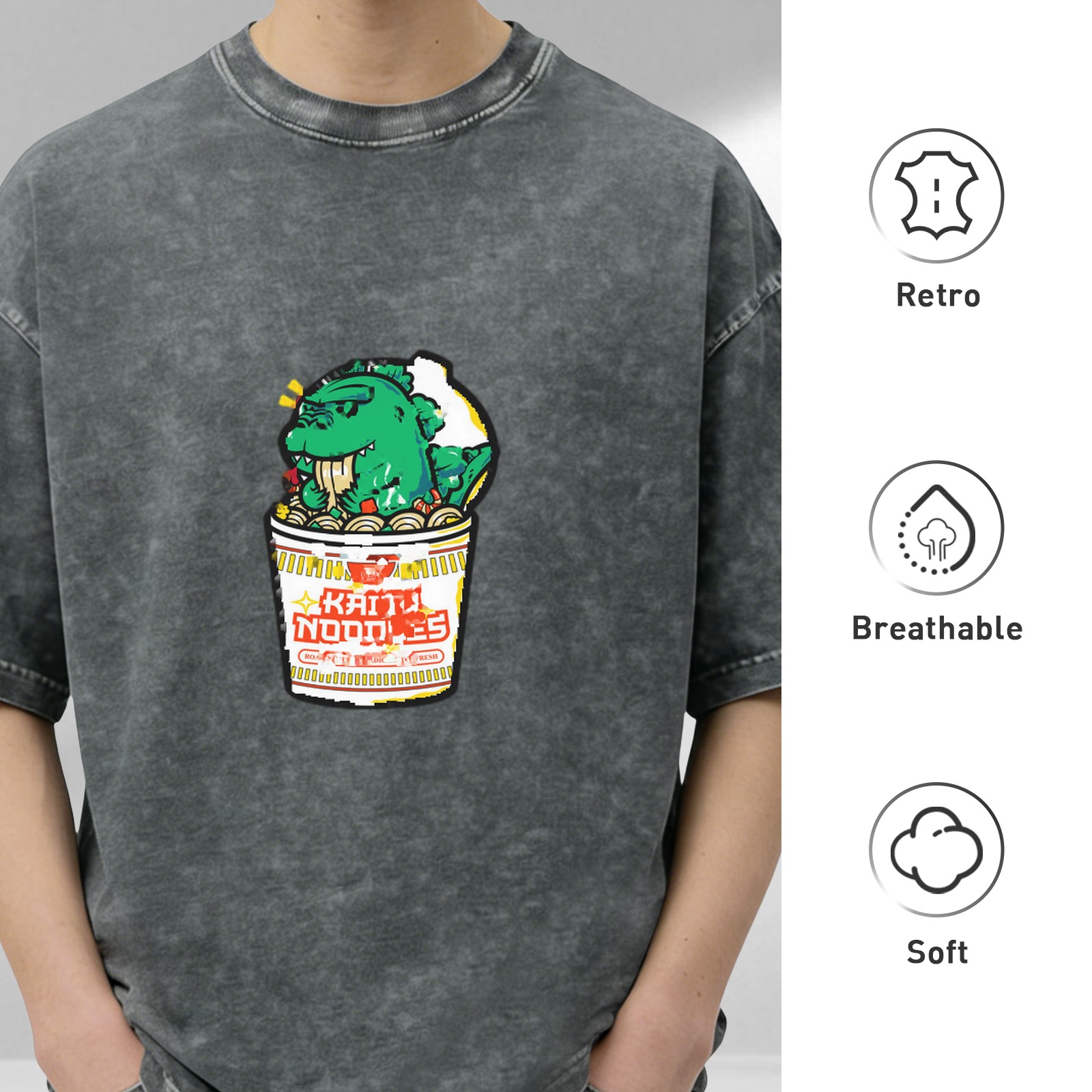 Washed Black T-Shirt with Kaiju Noodles Cup Monster Graphic