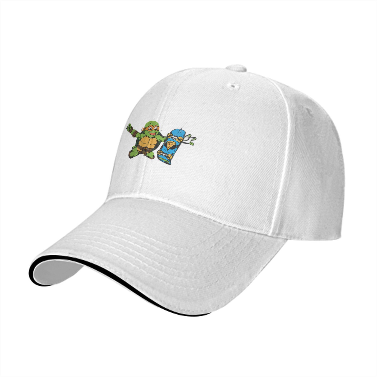 Black Baseball Cap with Cartoon Ninja Turtle Skateboard Graphic