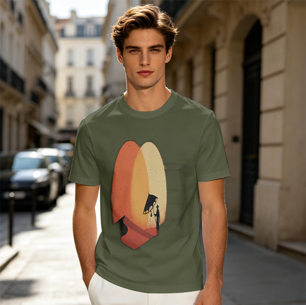 Olive Graphic T-Shirt With Broken Heart And Umbrella Silhouette Art