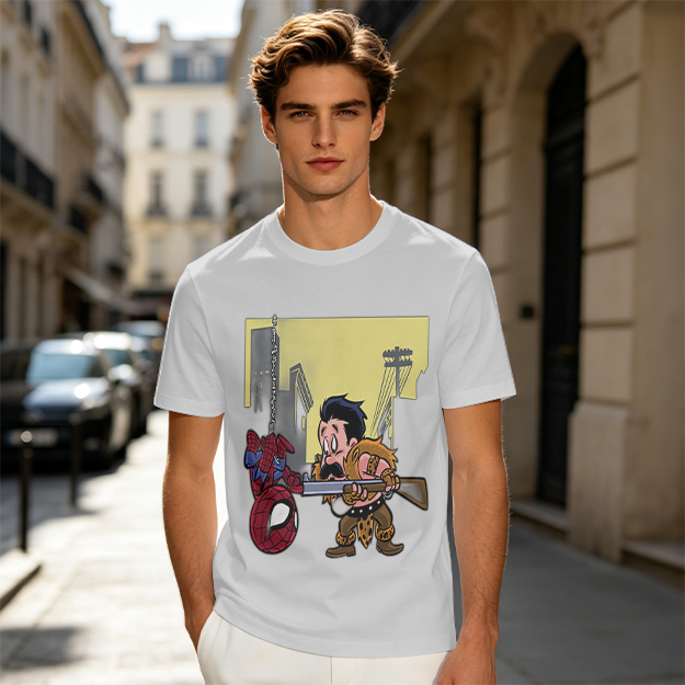 Olive T-shirt with Spider-Man and Hunter Cartoon Print