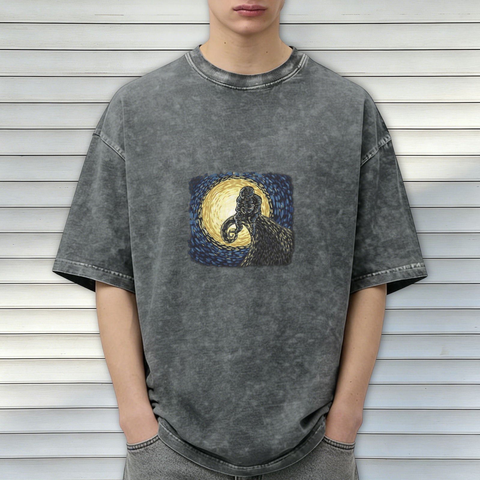 Washed Black Oversized T-Shirt with Ram and Starry Night Style Graphic