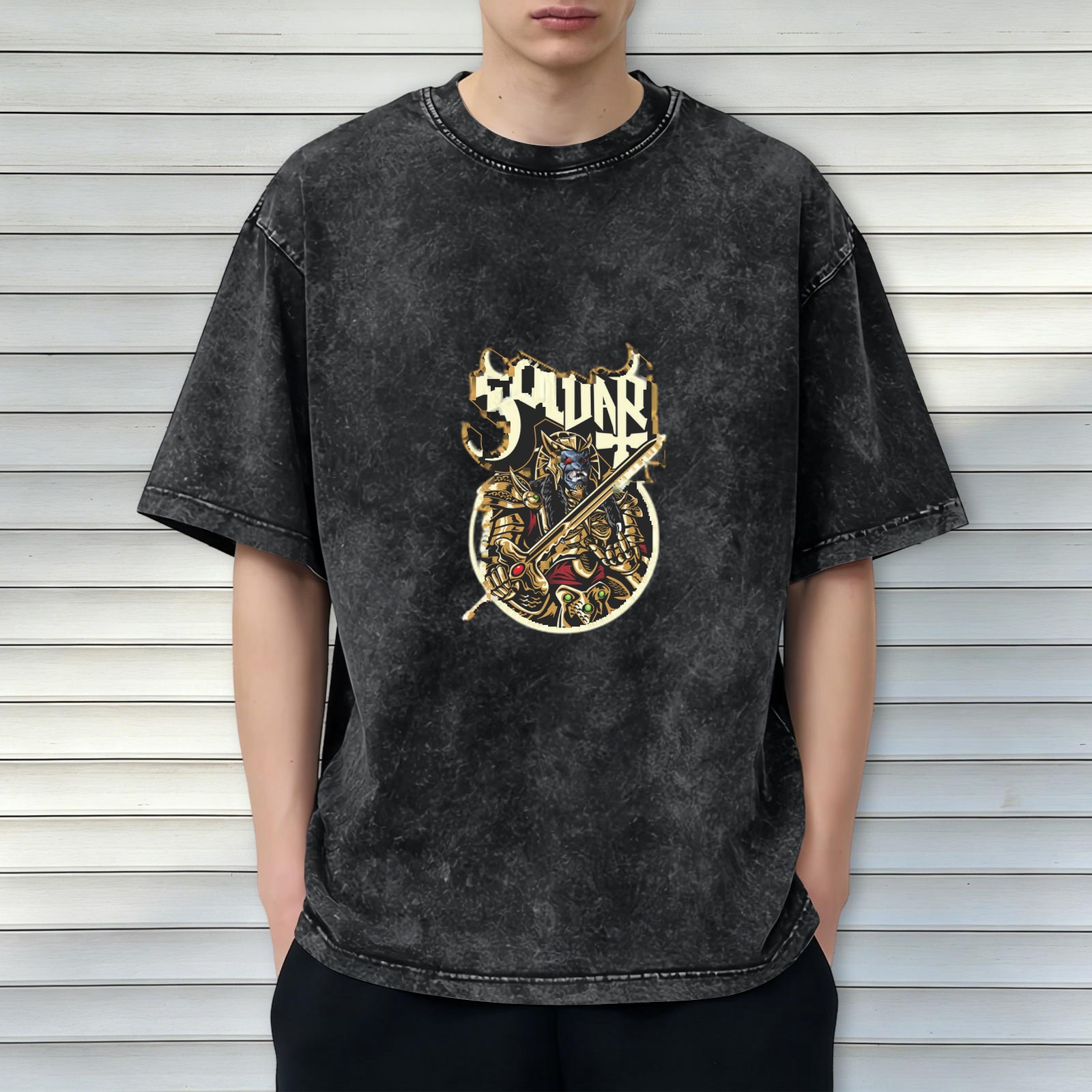 Oversized Acid Wash T-Shirt With Fantasy Warrior Graphic Print