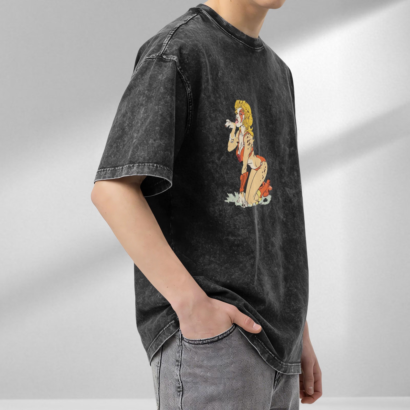 oversized acid wash t-shirt with retro cheetah girl graphic print