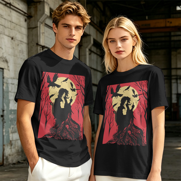 Olive T-Shirt With Gothic Crow And Moon Graphic Print