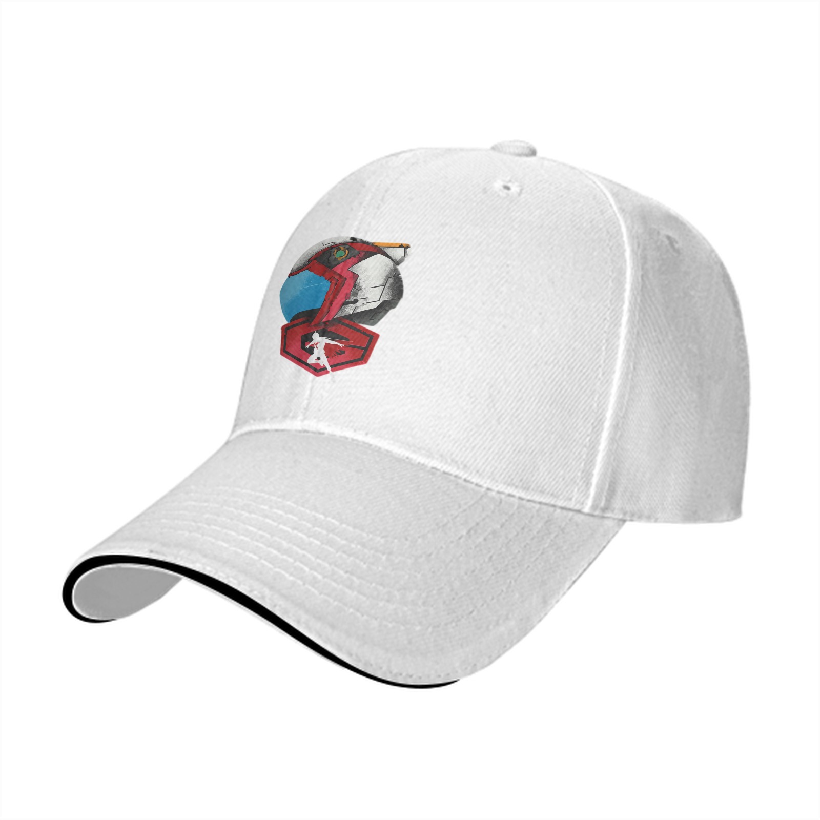 Black baseball cap with anime mech helmet graphic