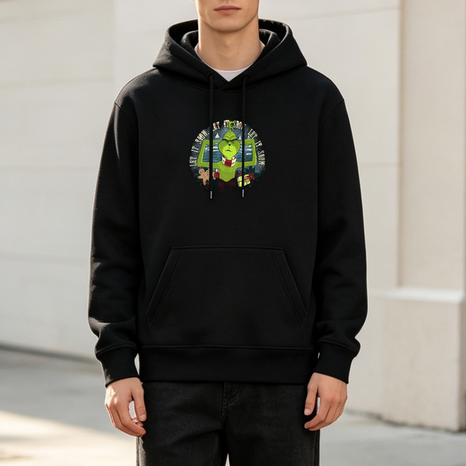Black Grinch Christmas Hoodie With Let It Snow Graphic