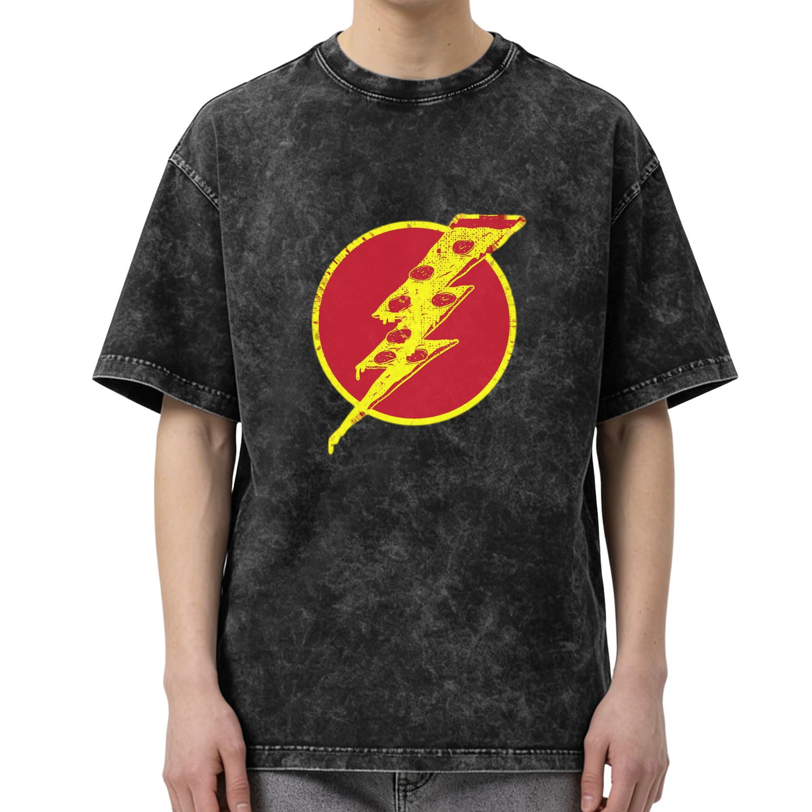 Washed black t-shirt with pizza lightning bolt graphic