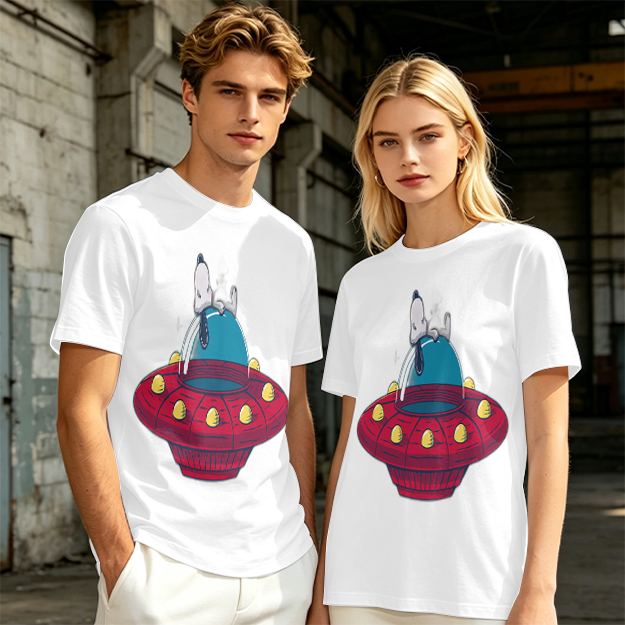 Olive T-Shirt Featuring Snoopy Relaxing in a Red UFO