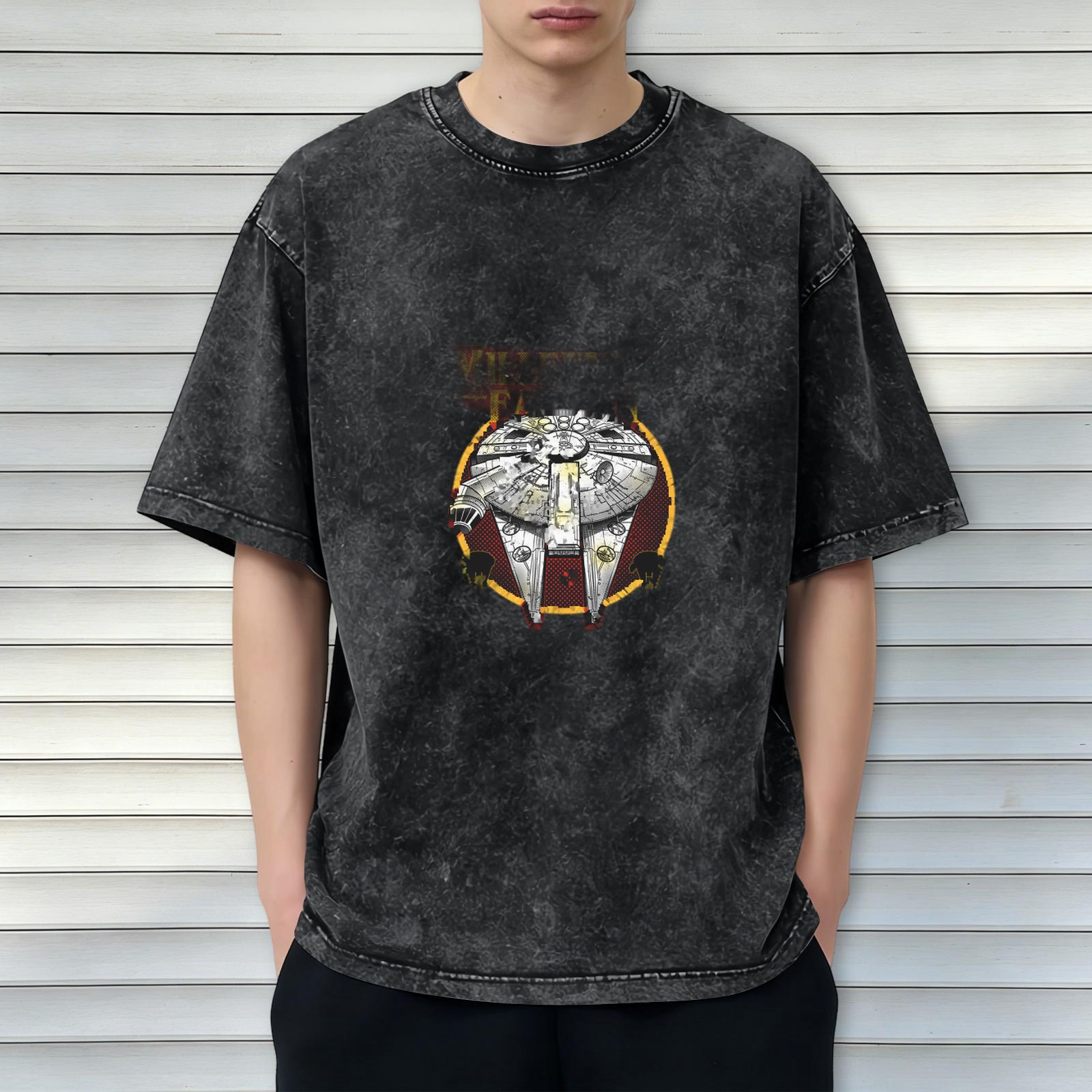 Washed Black T-Shirt With Millennium Falcon Graphic Print