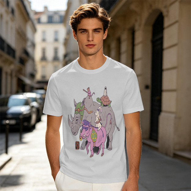 Olive T-Shirt With Whimsical Fantasy Animal Group Print