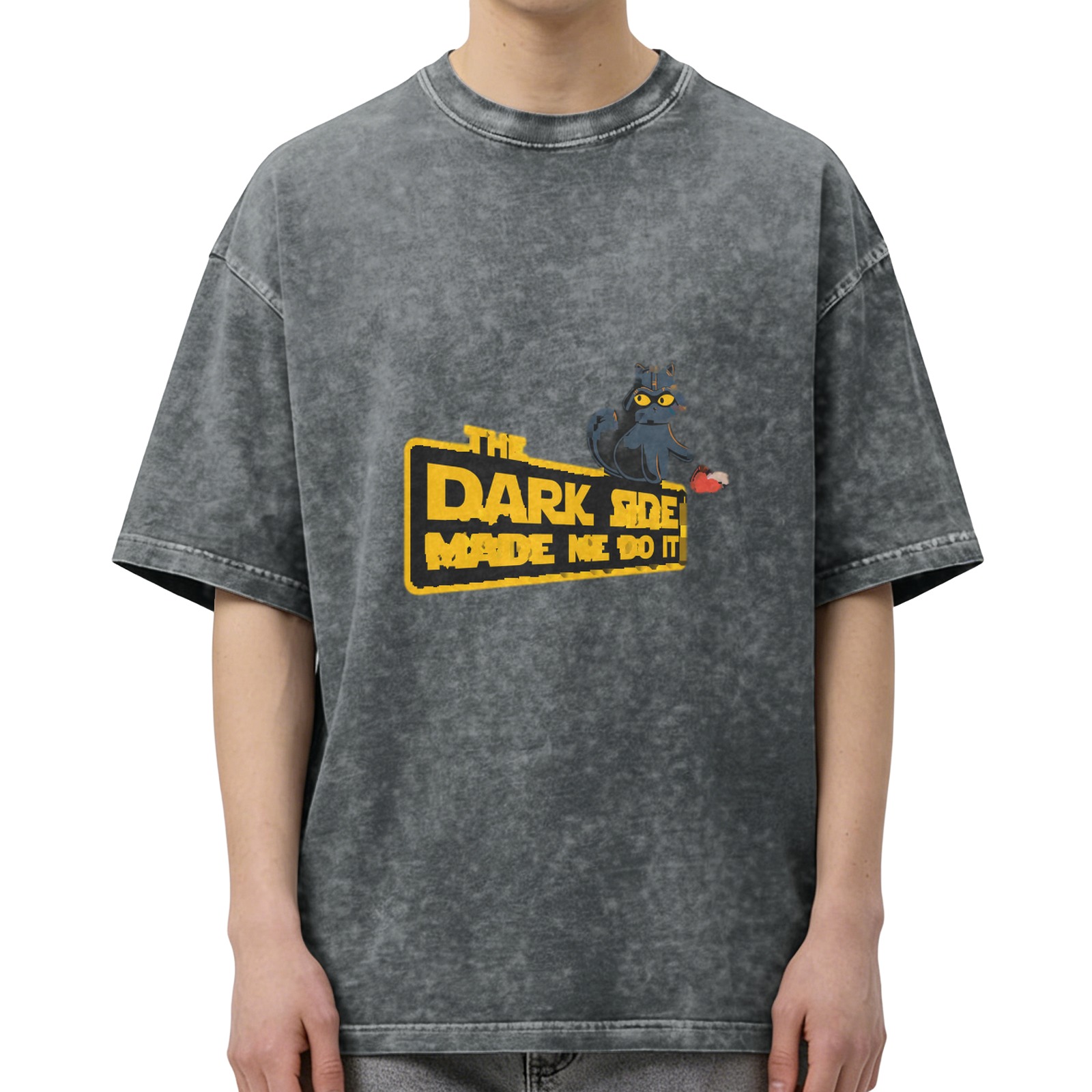 Oversized Acid-Wash T-Shirt with 'The Dark Side Made Me Do It' Cat Graphic Print