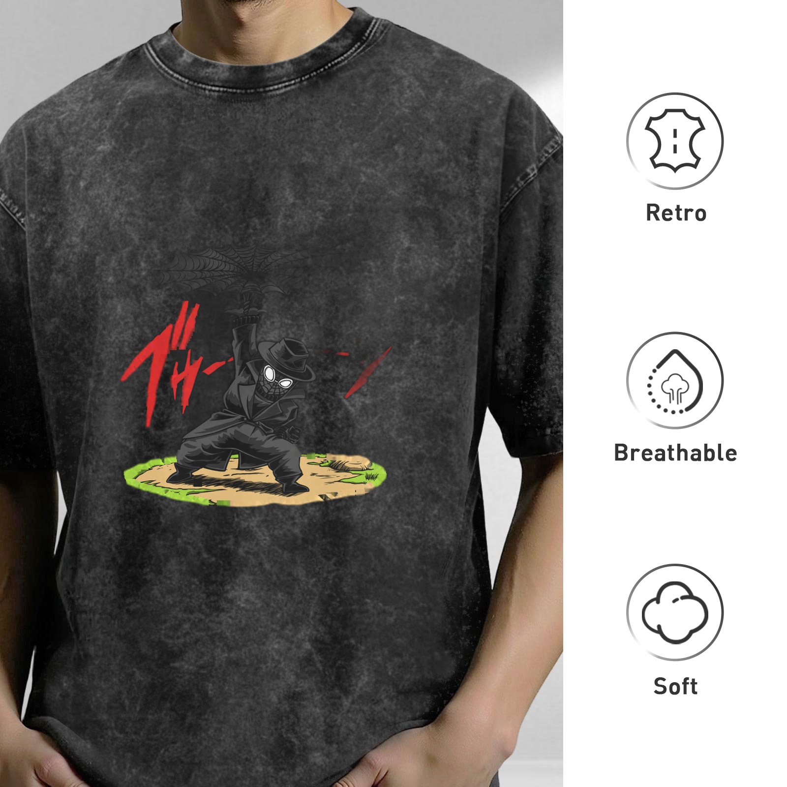 Washed black oversized t-shirt with anime ninja graphic print