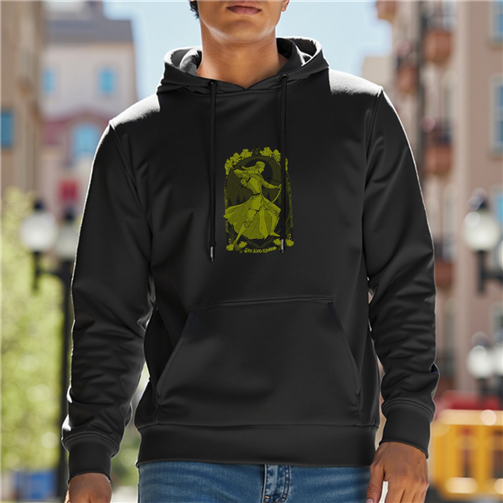 Black hoodie with archer maiden graphic print