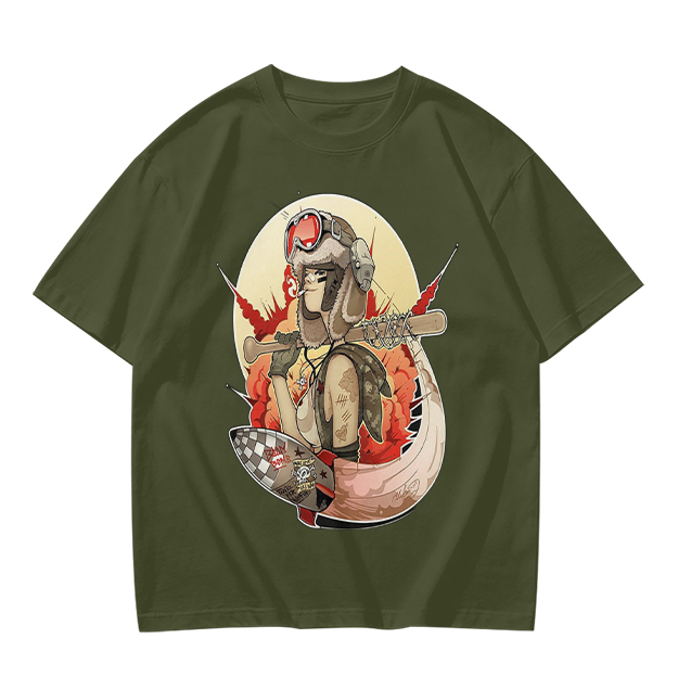 Olive T-Shirt with Retro Military Pilot Girl Graphic Print