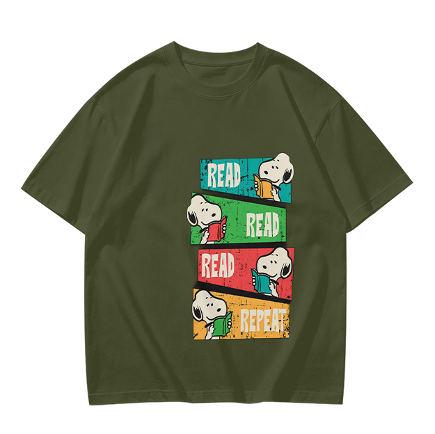 Olive T-Shirt with Snoopy Read Repeat Reading Graphic