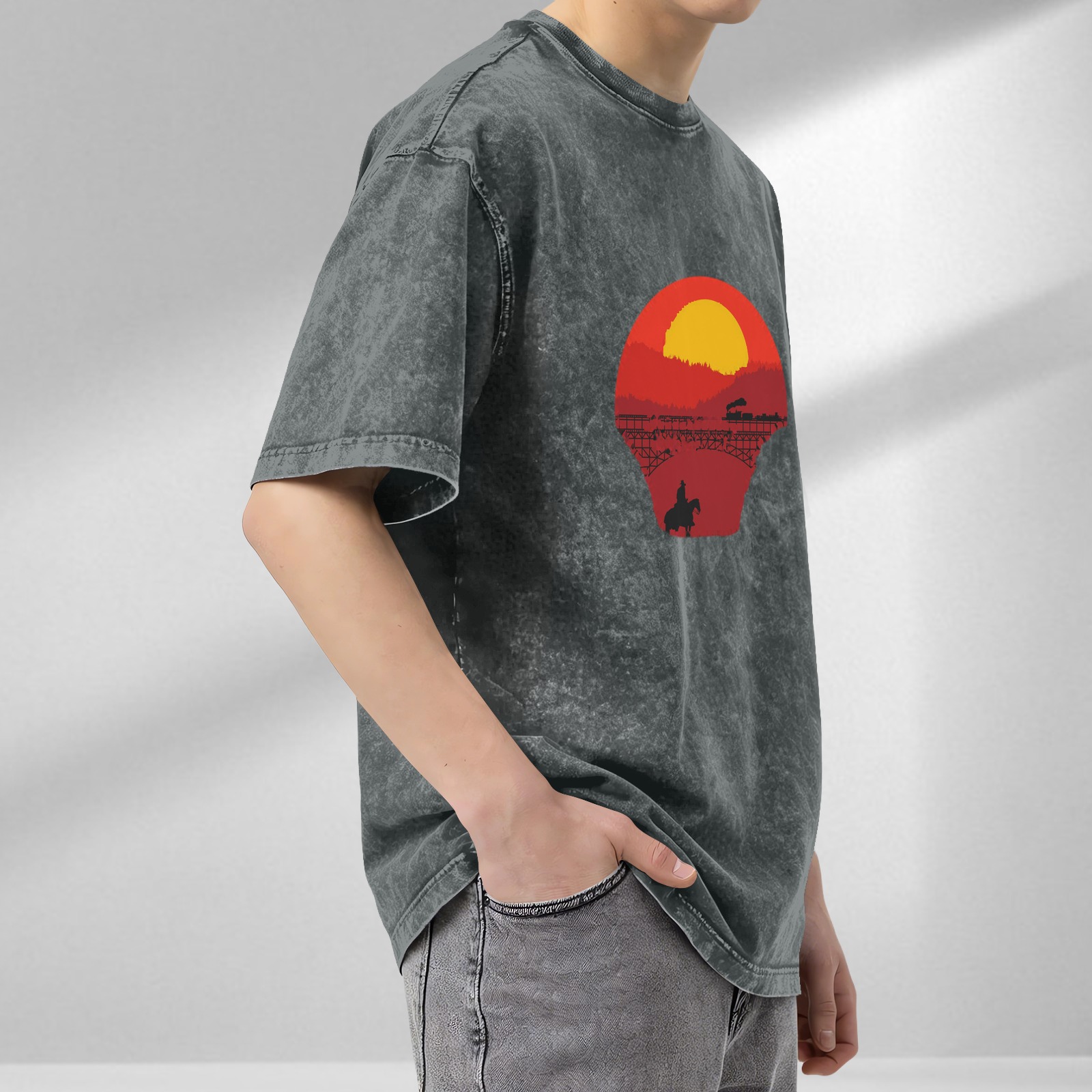 Washed Black T-Shirt with Western Sunset Cowboy and Train Graphic