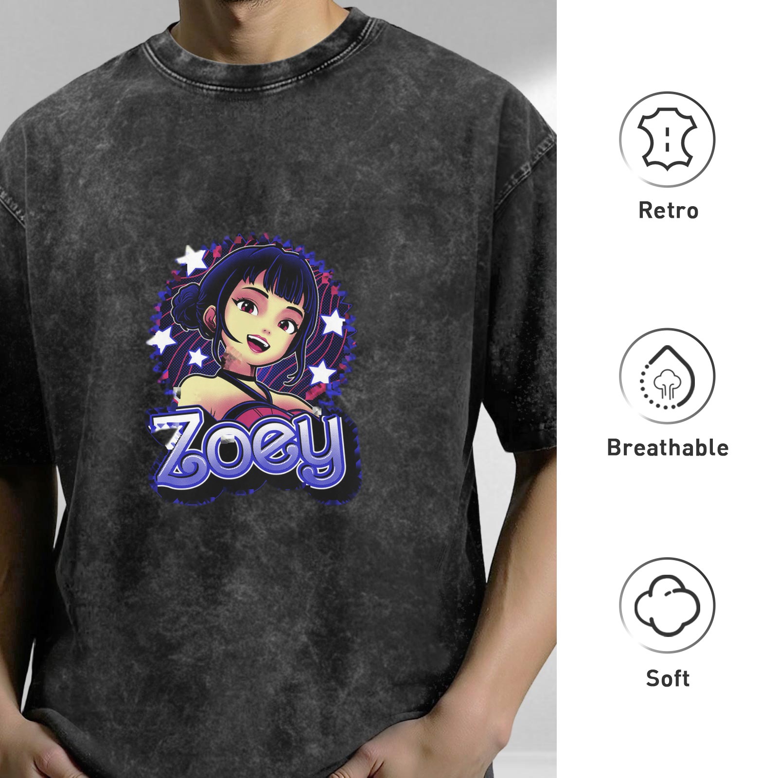 Oversized dark washed graphic t-shirt with anime girl and Zoey text