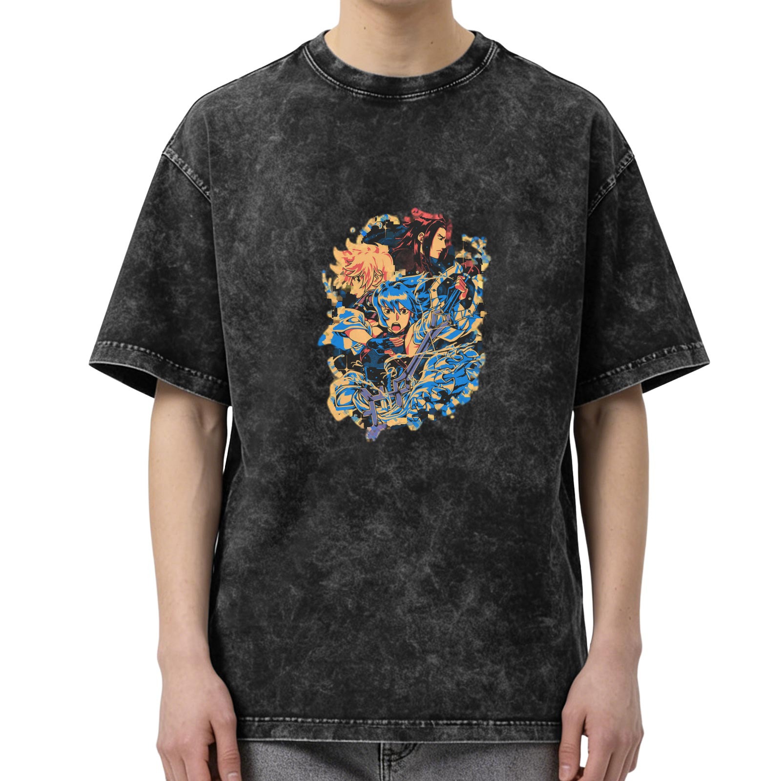 Anime Character Graphic Washed Black Oversized T-Shirt